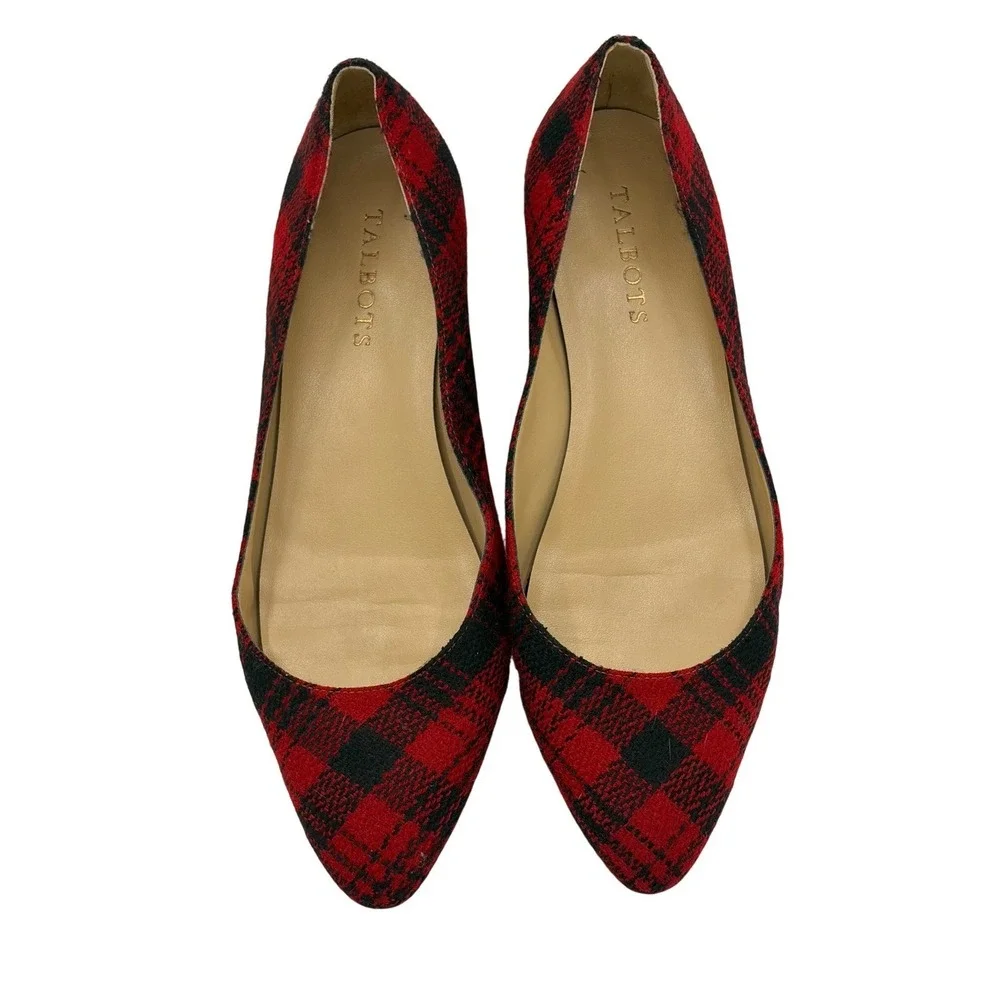 Talbots Womens Red Black Buffalo Plaid Pointed Toe Flats Shoes Size 8.5 W Brazil